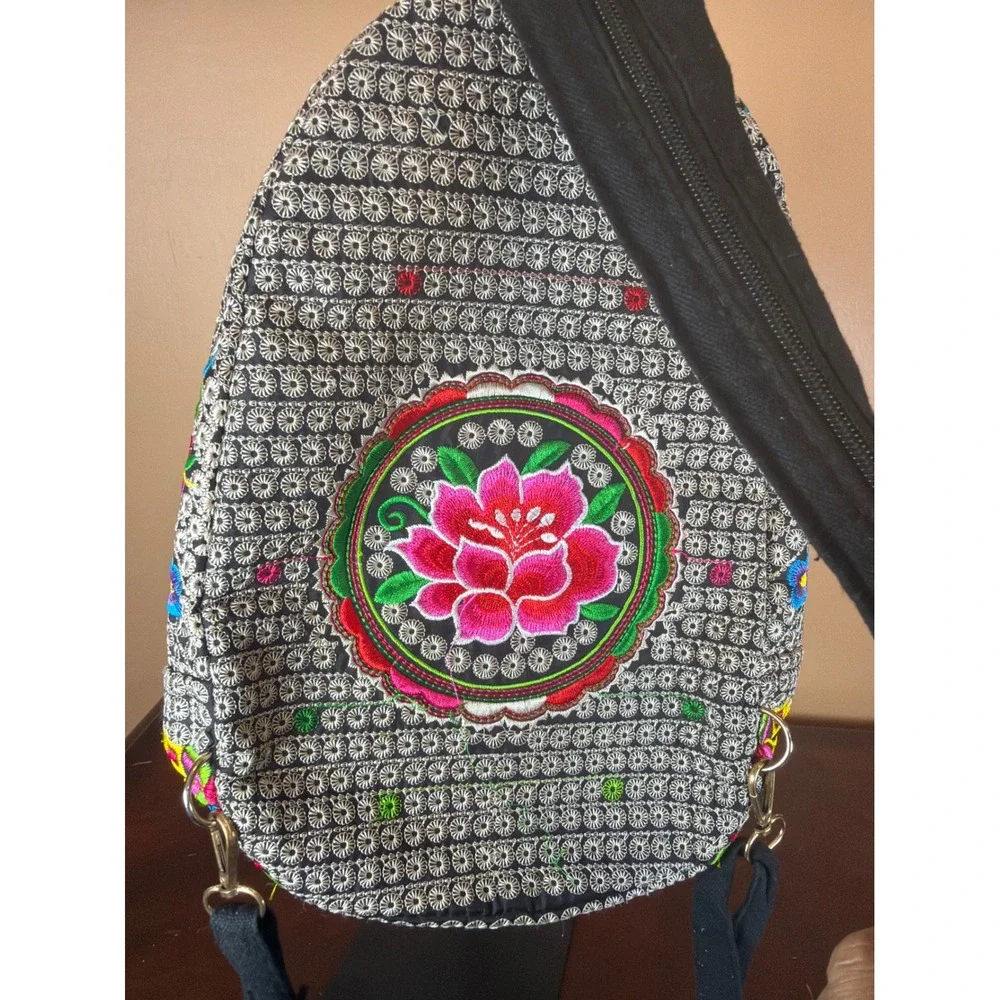 Boho‎ Floral Embroidered Mini Backpack Sling Bag Black Pink Lotus Folk Art